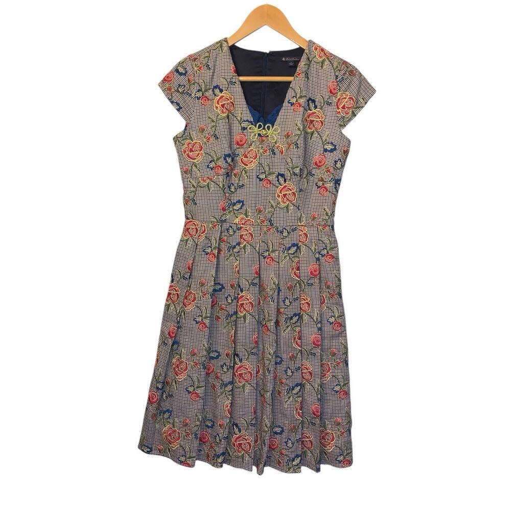Brooks brothers Floral Jacquard Houndstooth pleated Dress embroidered upcyled